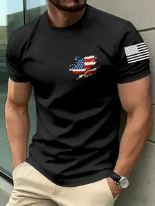 Summer Round Neck Knitted T-Shirt, American Flag Print Men's Short Sleeve, Street Style Patriotic Fashion, Comfortable Versatile Fit