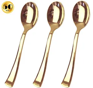 JL Prime 50 Piece Gold Plastic Spoons Bulk Set, Gold Plastic Cutlery Set, Heavy Duty Utensils for Party & Wedding, Disposable Gold Flatware, Gold Plastic Spoons 50 Pack