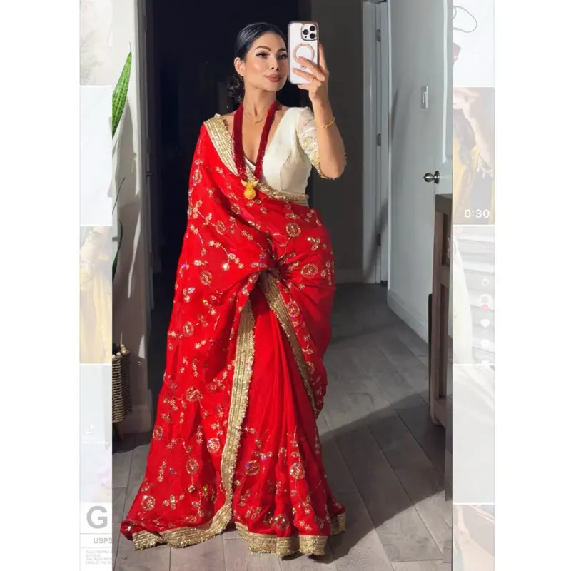 Teej special premium high-quality heavy sequence with beats work sorry with full stage Blouse sari Picko foll done