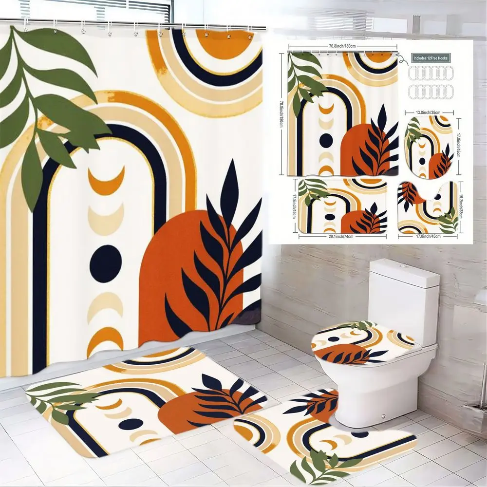 1/4pcs Bohemian Geometric Plant Bathroom Set - Shower Curtain Sets + Toilet Seat Cover + Bath Mat + Bidet Mat, Orange Black Green Leaves Pattern, White Base, Perfect for Spring/Summer Bathroom Decor, Bathroom Decoration Accessories