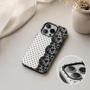 Black Polka Dot Lace Print Pattern Phone Case|   Military-grade Shockproof Protection, Compatible with iPhone 17 Pro Max 16 15 14 13 12 11 X Plus/Pro & Samsung Galaxy|     Affordable Tough Anxiety Phone Case for Girls
