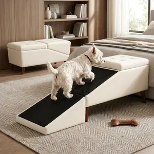 20.47" H Foldable Dog Steps for Bed,Faux Leather Pet Stairs for Small Dogs with Hidden Storage, Non-Slip Pet Stairs for Small, Senior & Injured Dogs, Sturdy Dog Ramp for Couch Easy Assembly