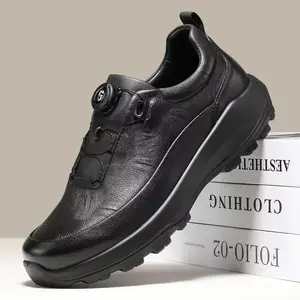 City-Hiker Series - Rotary Buckle Genuine Leather Elevator Sneakers with 3-inch Height Boost & All-Terrain Grip for Boardroom to Mountain Trail