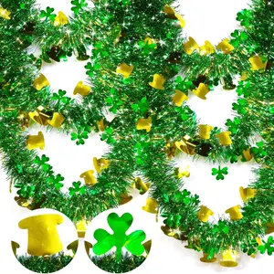 3 Pack Total 49.2 Ft St.Patrick's Day Tinsel Garlands Decorations DIY Shamrocks Wreath for Front Door Indoor Outdoor Home, 16.4Ft by 4.3", Green Gold