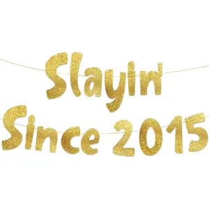 Pre-Strung Slayin' Since 2015 Gold Glitter Banner - Funny 11th Birthday and Anniversary Decorations for Boys and Girls - Party Supplies and Gifts