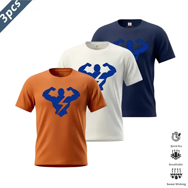 3-Pack Men’s Quick-Dry Breathable Sports T-Shirts HE WEAR Brand Large Logo Design Fitness Running Training Casual Crew Neck Short Sleeve Everyday Commuting Versatile Top