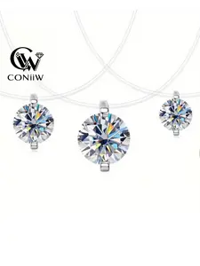925 Silver Moissanite Pendant Necklace, Dainty Necklace, 0.5-2 Carat, Simple Fish Line Design, Perfect for Weddings, Holidays, Birthdays, Gifts, Minimalist Chain Necklace