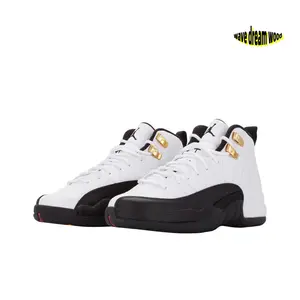 White and Black High-Top Retro Basketball Shoes with Leather Upper, Gold Lace Locks, and Black Overlays