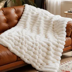 Faux  Throw Blanket for Couch,Cozy Soft Plush Thick Striped Luxury Blanket for Sofa Living Room Bedroom,50 * 60 Inches, White