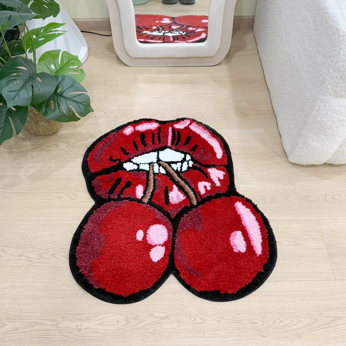 Cherry Red Lips Creative Pattern Rug Cloakroom Game room Housewarming Gift Handmade Non-Slip Unique Decorative Carpet Floor Pad Soft Thick Rugs Home Decoration Mat