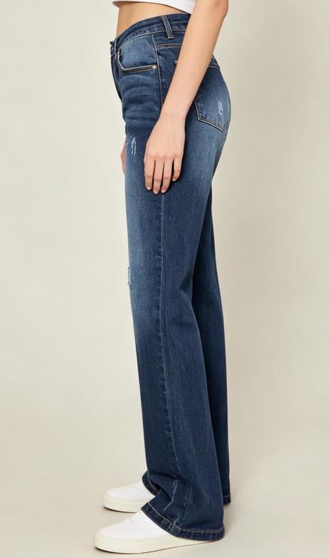 High Waisted Dark Wash Wide Leg Jeans for Women, Casual Loose Fit Stretch Denim Pants with Distressed Details, Comfortable Straight Leg Trousers for Everyday Streetwear