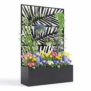 Galvanized Metal Planter Box with Trellis, 47"X16"X71" Raised Garden Bed (without Wheels), Privacy Screen for Climbing Plants, Veggies & Vines, Patio Planter with Drainage Holes, 16" Deep,Palm leaf pattern