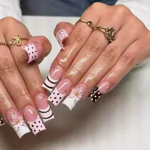 24pcs Polka Dot French Press on Nails, 3D Flowers Rhinestones Pearl Tips, Reusable Square Medium Length