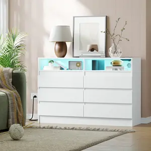 Modern Storage Dresser with LED Light  & Charging Station for Bedroom, Dinging Room,Living Room, 4 Drawer Double Dresser with Power Outlet