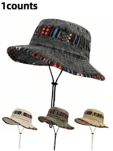 Boho Style Ethnic Pattern Wide Brim Hat, Casual Outdoor Sun Bucket Hat for Men & Women, Fashion Accessories for Daily Wear
