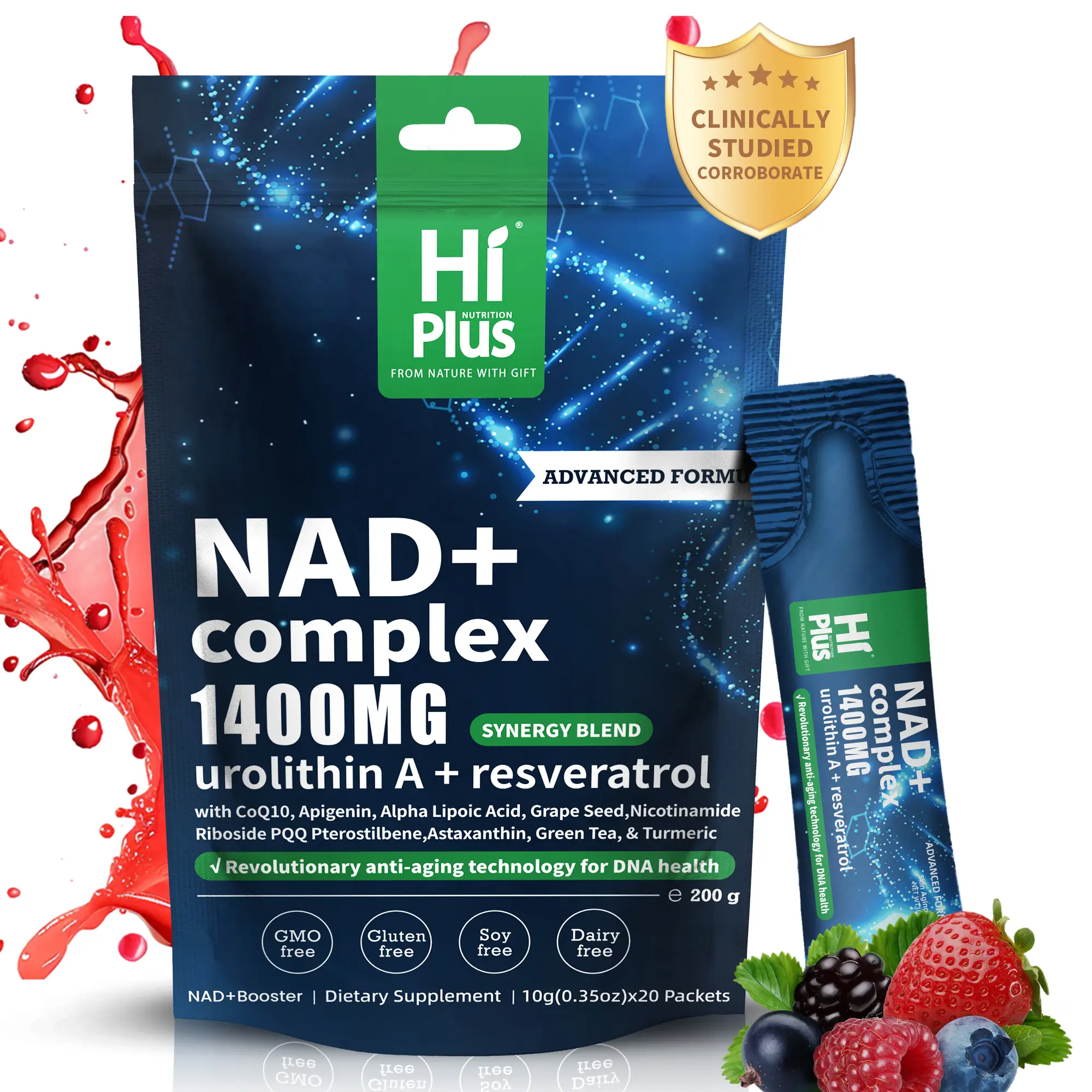 HiPlus NAD Supplement Berry Flavor Drink 1400 mg Urolithin a Extra Strength Liposomal, Green Tea + Astaxanthin for Women & Men, Resveratrol, CoQ10, Al