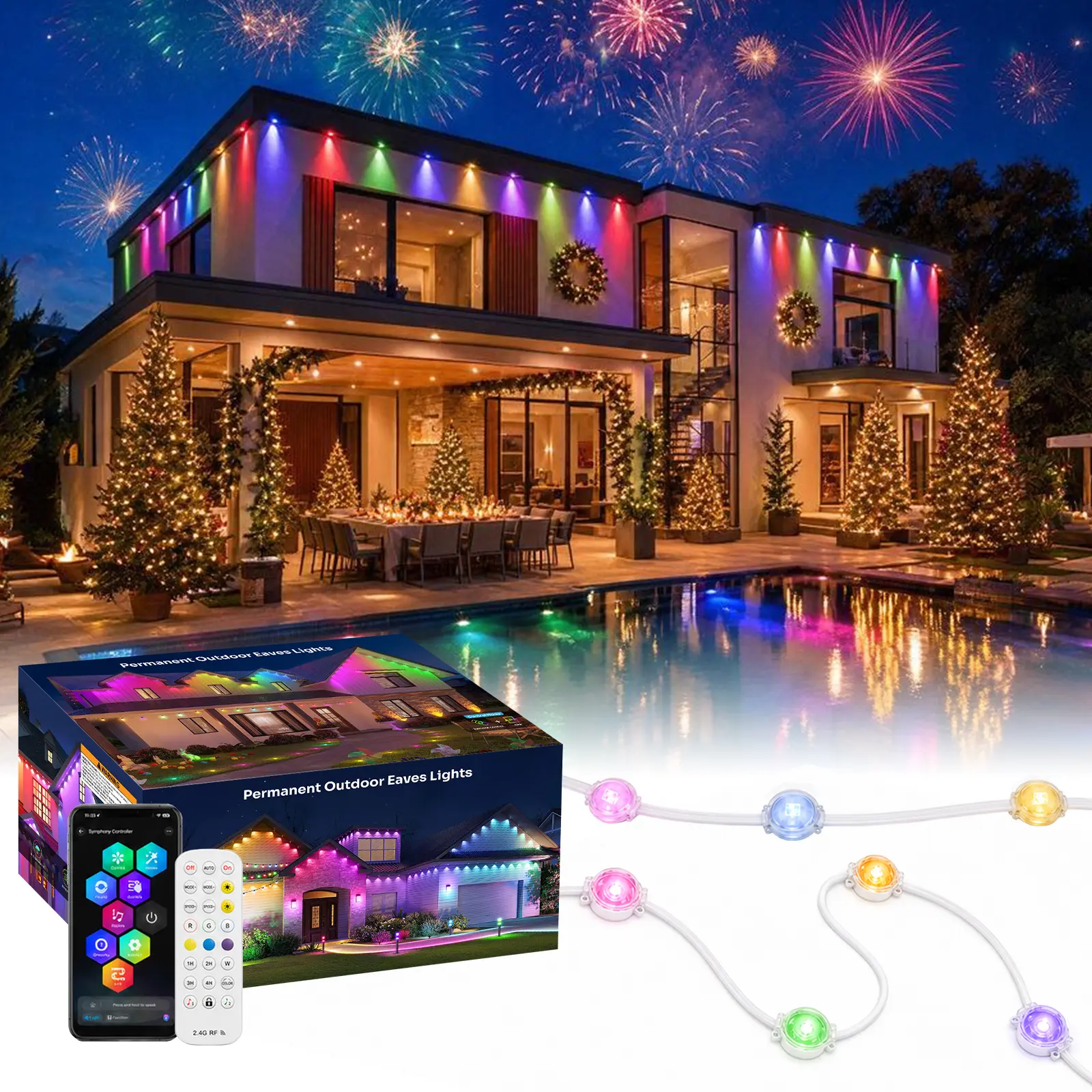 GALENTAL RGBCW Permanent Outdoor Eaves Lights, IP67 Waterproof LED Roofline Lights with 3000K Warm White and 6000K Cool White, Alexa and Google Assistant Voice Control, App and Remote Control, 16 Million Colors, 75 Modes, Music Sync, Decor, BackToSchool