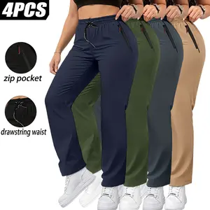 4-pack women’s cargo pants for spring/summer/autumn—lightweight, breathable long styles with an elastic waistband, drawstring, zippered pockets, and multiple pockets; suitable for outdoor workouts and everyday casual wear.