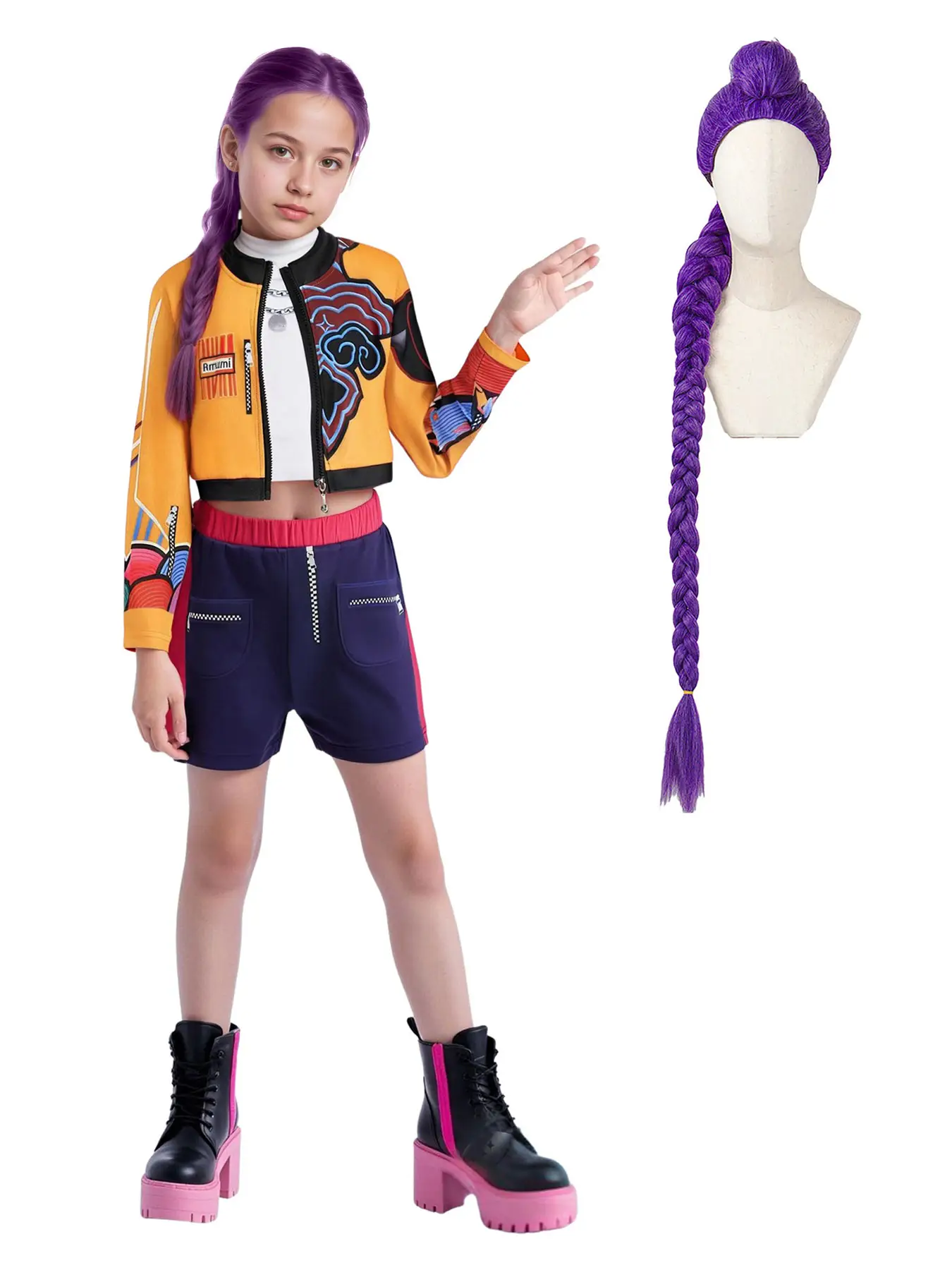 K-Pop Role Play Costume + Rumi Wig Set, Halloween Girls Cool Cosplay, Trendy Teenage Girl Fashion Accessory