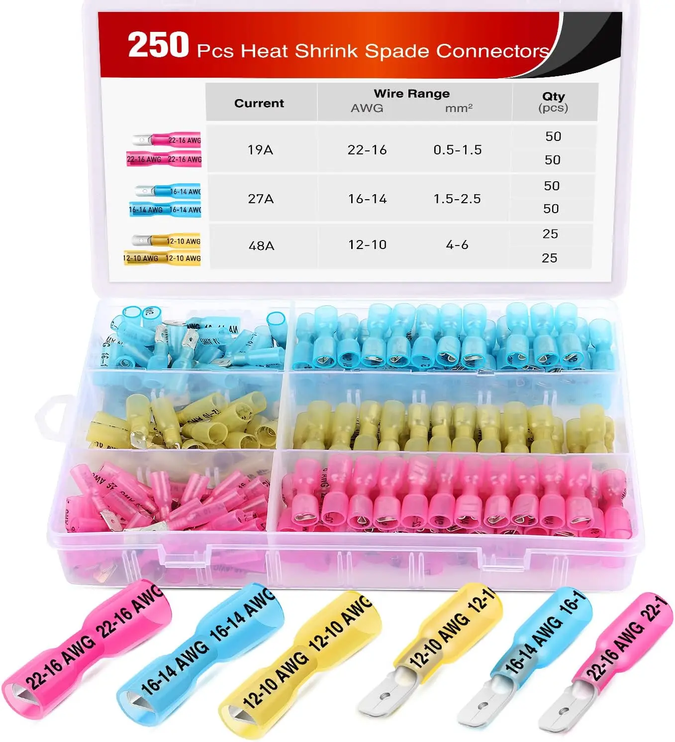 Nilight 50027R 250 Pcs Heat Shrink Insulated Crimp Terminals Kit - Fully Insulated Male & Female Spade Connectors, Quick Disconnect Copper Electrical Terminals, AWG Compatible, Outdoor Safe, Home Improvement Use, 2-Year Warranty