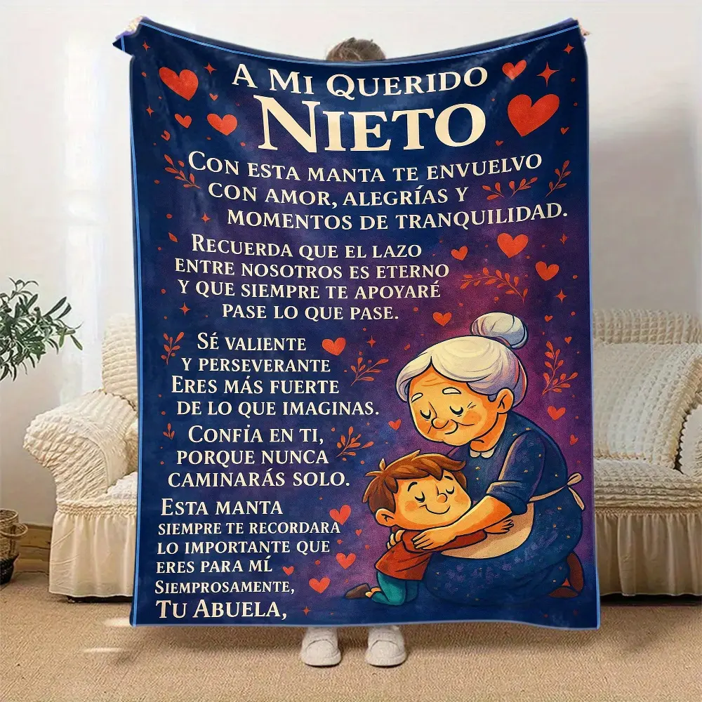 1 Piece Spanish Love Message Grandparent Blanket - Grandmother/Grandfather's Gift to Grandson/Granddaughter - Soft Plush Flannel Four Seasons Sofa Bed Cover - Birthday, Christmas, Family Gift - Warmly Designed Spanish Style Grandparent Souvenir - Ideal Ch