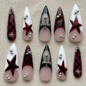 Gothic Red Black Press On Nails, Punk Stiletto Nails, Cross Star Goth Nails, Dark Alternative Handmade Nail Set, Emo Press Ons