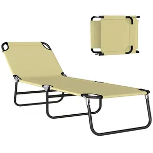 Folding Chaise Lounge Chair – Beige, 5-Level Reclining Back. Adjustable Footrest. Steel Frame – Water-Safe Powder Finish. Lightweight & Foldable. 265 lb Capacity