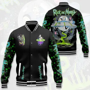 Rick and Morty Cartoon Varsity Jacket Graphic Print, Pop Culture Streetwear, Trendy Casual Outfit