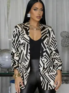Women's Fashion Casual Jacket, Geometric Zebra Print, Loose Suit Style, Open Neck, Stacked Sleeves, Retro Modern Look