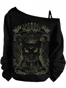 Women's Off-Shoulder Sports Top, Long Sleeve, Egyptian Cat Moon Print, Sexy Loose Fit, Casual Outdoor Fashion, Youthful Street Style