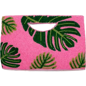 Green Leaf Beaded Clutch with Pink Background