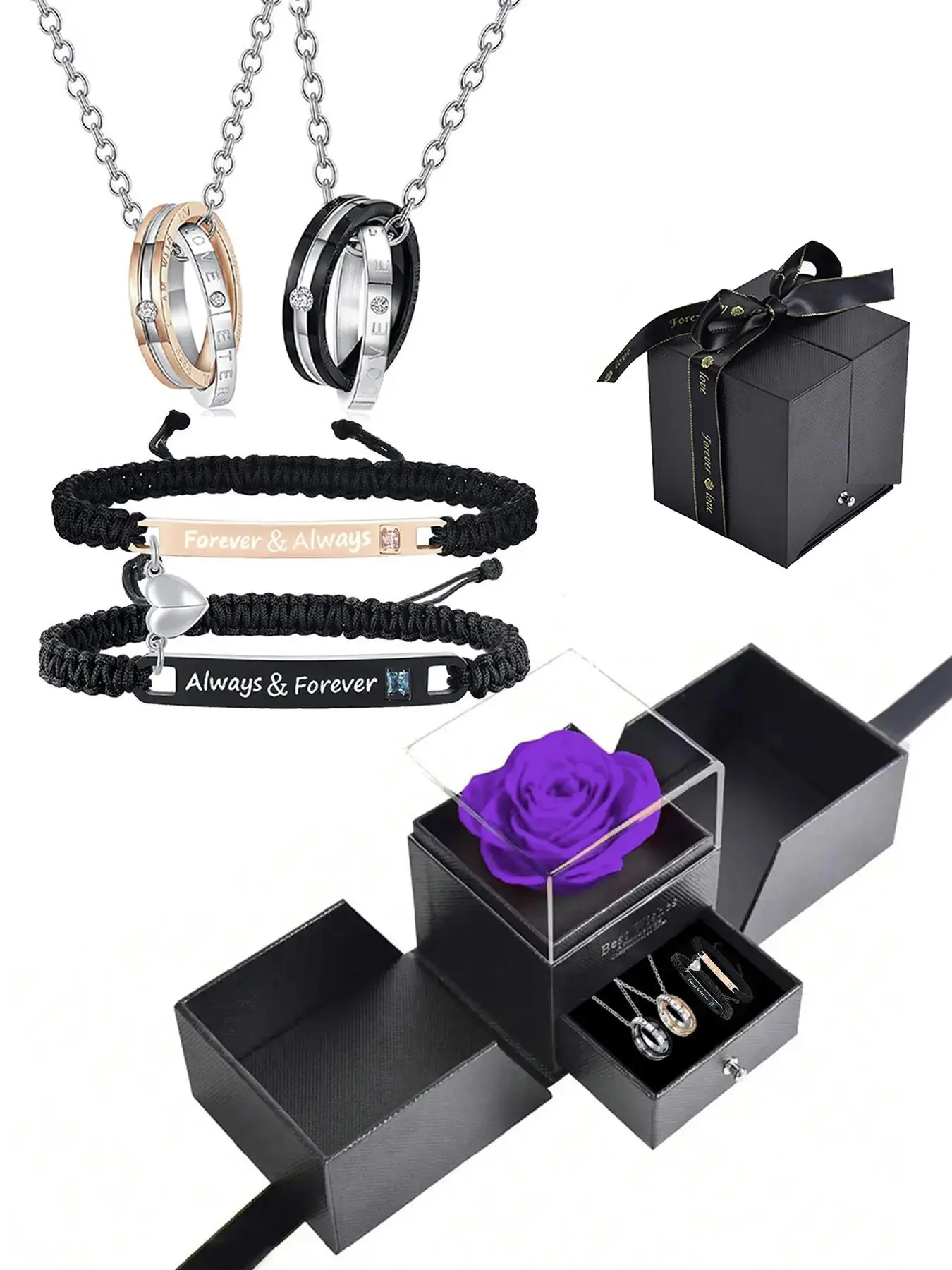 Valentine's Day Couple Jewelry Set with Rose Box, Including Rhinestones Decor Pendant Necklace & Heart Charm Bracelet, Adjustable Jewelry Set for Men
