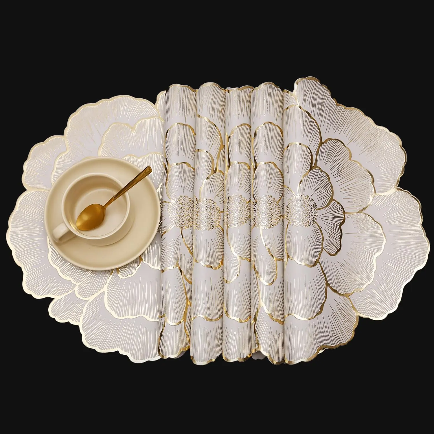 FAVE 6PCS Floral round Placemats Gold Placemats Vinyl Placemats Set of 6 for Dining Table Durable Table Mats Reusable Metallic Shiny Gold Placemats（15 X15,Gold） FAVE
