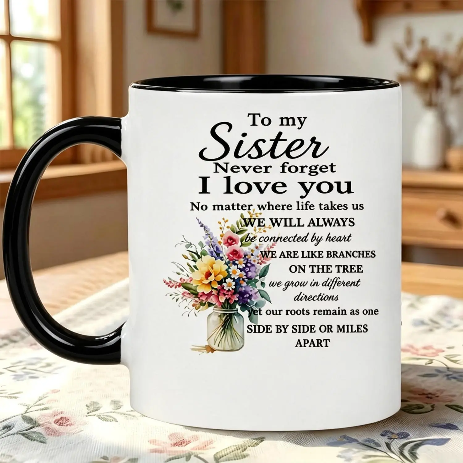 Sister Mug Insulated Ceramic Coffee Cup Suitable for Hot/Cold Drinks Floral "to My Sister", Tea, Cocoa, for or Office Use