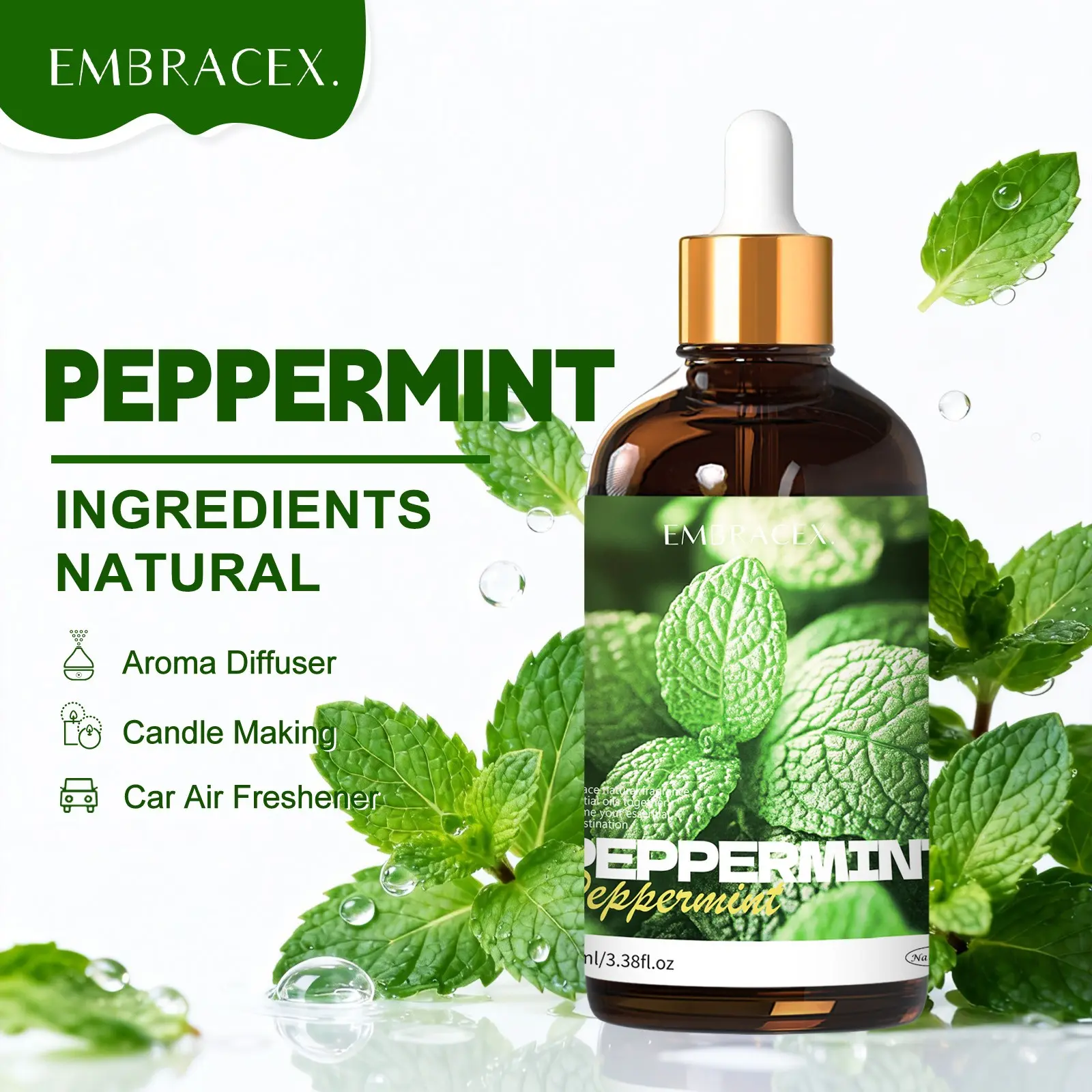 100ML Peppermint Essential Oils, Plant-Based Natural Aromatherapy, Humidifier Diffuser, DIY Soap Candle Making Bath Car Air Freshener, Long-Lasting Scent, Therapeutic Wellness, Aromatic Scent