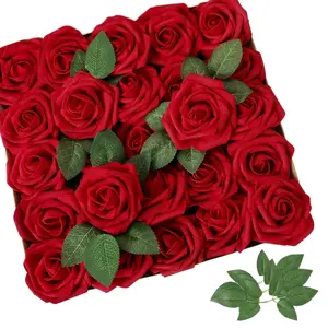 Artificial Flower Dark Red Rose 25pcs Real Looking Fake Roses w/Stem Artificial Silk Flowers Bouquet for DIY Wedding Bouquets Centerpieces Arrangements Party Valentines Day Christmas Tree Decorations Artificial Flower Set