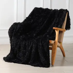 Decorative Extra Faux Fur Throw 50" x 60",Fuzzy Long Hair Shaggy Throw Blankets, Fluffy Plush Microfiber Fur for Couch Sofa, Black