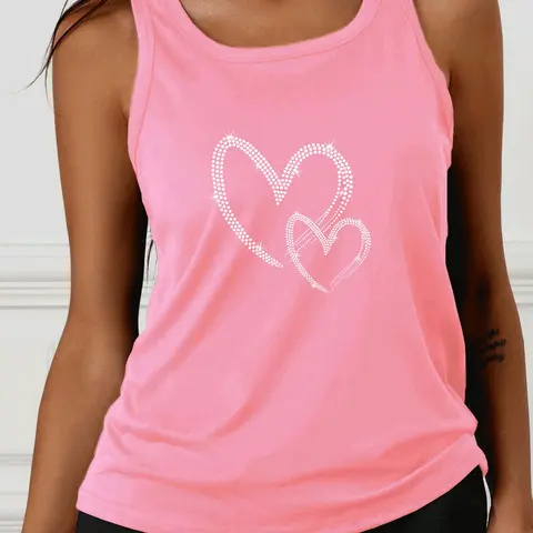 Women's Heart Print U Neck Workout Tank Top, Regular Fit Casual Comfortable Breathable Sleeveless Top for Daily Wear, Ladies Sportswear for Spring & Fall for Indoor Outdoor Wear, Fitted Sleeveless Design