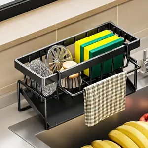 Stainless Steel Kitchen Sink Caddy Organizer - Rustproof Storage Holder with Drain Tray, Dishcloth Rack for Sponge, Soap, Brush - Ideal for Kitchen & Bathroom Counter Use
