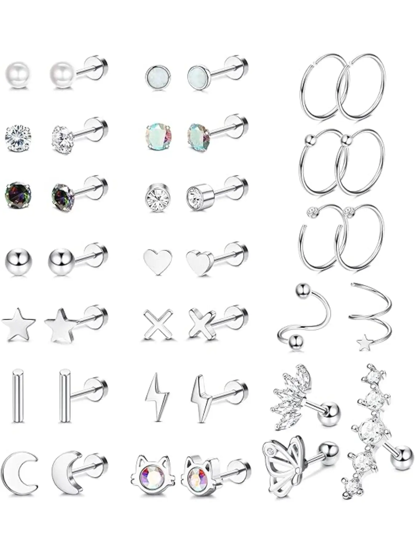 39Pcs Steel Cartilage Earrings for Women Multipack Stud Earrings Set Tiny Zirconia Star Flat Back Earrings Helix Piercing Jewelry Hypoallergenic Butterfly Earrings Ear Studs Flatback Stud Earrings