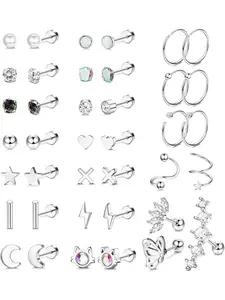 39Pcs Steel Cartilage Earrings for Women Multipack Stud Earrings Set Tiny Zirconia Star Flat Back Earrings Helix Piercing Jewelry Hypoallergenic