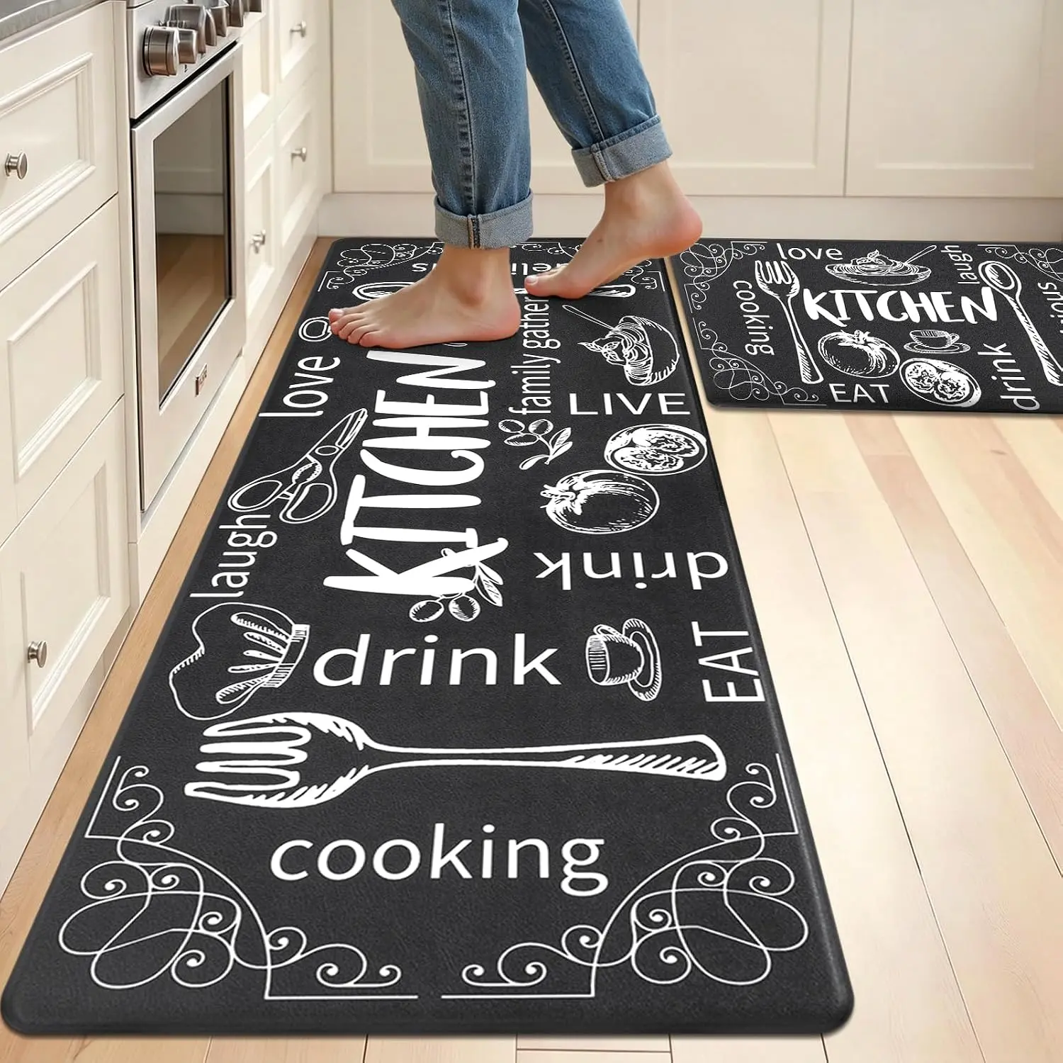 2/3 Piece Flannel Kitchen Mat Set, Chalkboard Design, Non-Slip, Absorbent, Ideal for Kitchen, Dining Room, Hallway, Home Decor Rugs, Washable Kitchen Rugs, Water Absorbent Rug, Kitchen Floor Mat, Decorative Rug Mat, Kitchen Rugs Mats