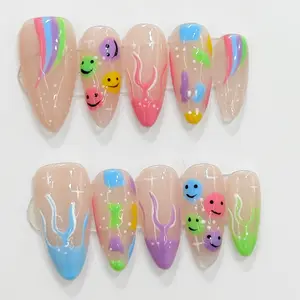 Cute Smiley Rainbow Press-On Nails 10pcs Acrylic Reusable Eco-friendly Easy Application Happy Vibe Nail Art Design Elevate Style