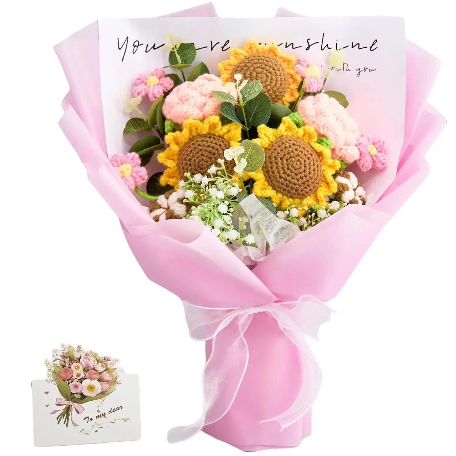 YShomy Handmade Crochet Flowers Bouquet Gift for Girlfriend Birthday Wedding Anniversary Just Because Graduation Gift with Sunflowers Pink Roses Puffs Forever Flowers for Her with Greeting Card US Fast Shipping Home Decor Yarn Ornament Grandma Gift