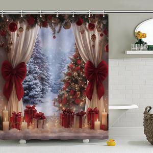 1/3/4pcs Thick Cloth Christmas Shower Curtain Set, Snowy Winter Wonderland Scene with Pine Trees, Red Ribbon & Christmas Tree, Stainless Metal Hooks Included, 66x72 in Decorative Polyester Holiday Bathroom Hanging Decor