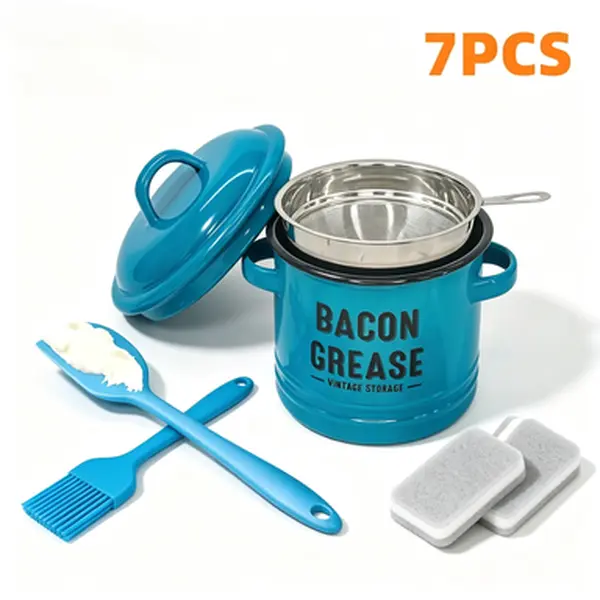 46oz Enamel Bacon Grease Container with Strainer & Lid, 7 Pcs Farmhouse Kitchen Oil Keeper with Food Grade Silicone Spatula & Brush, Reusable Cooking Fat Storage Dispenser for Home Cooking