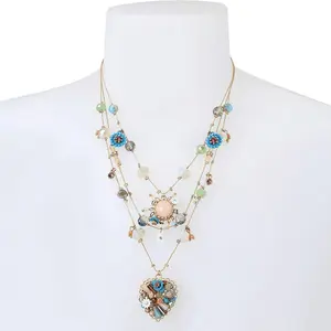 Tulum Sunset Layered Heart Necklace - Boho Gold & Turquoise Bead Multi-Strand Jewelry