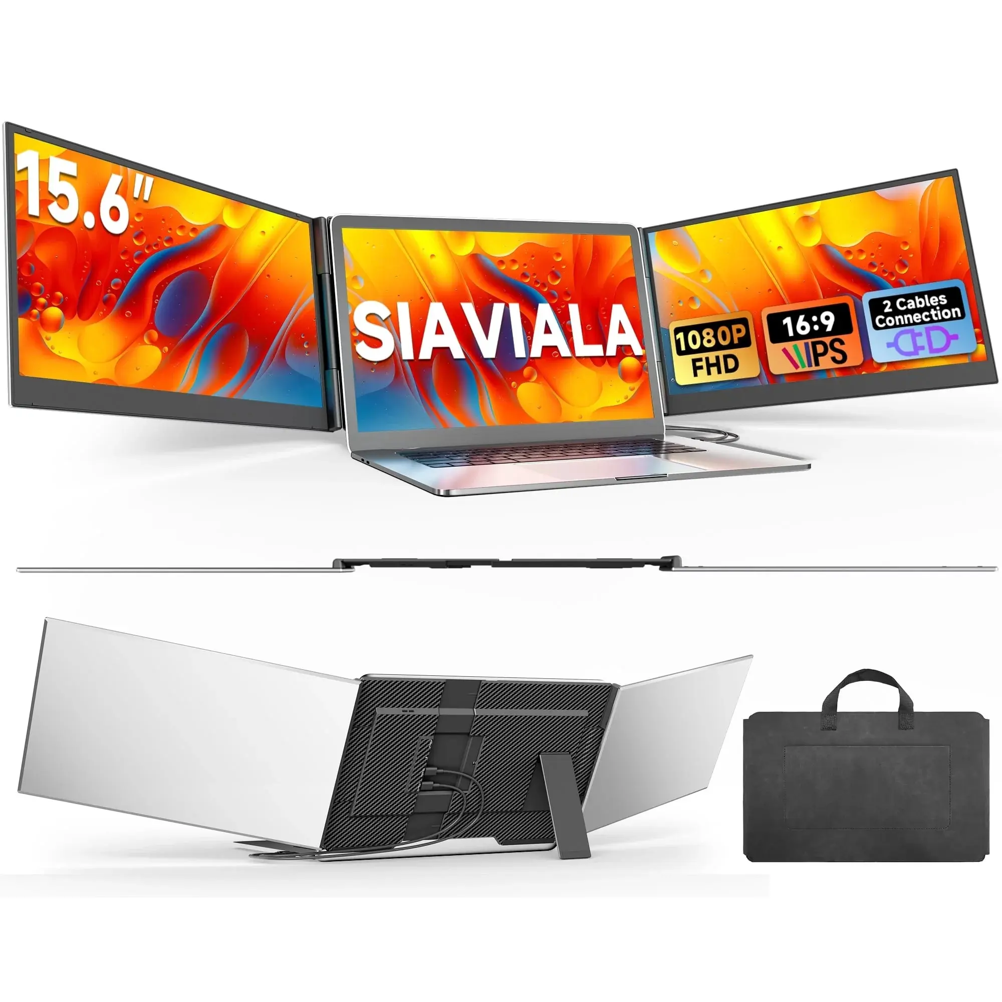 15.6" Laptop Screen Extender, Ultra Light & Thin Triple Portable Monitor for Laptop with 1080P FHD IPS Display, 2 Cable USB-C/HDMI Plug-Play Monitor Extender for Mac/Win/Android, Fits 13-17" Laptops