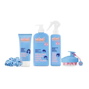 MIMI HAIRCARE FOR KIDS CURLY KIDS BUNDLE - Gentle Shampoo, Detangling Spray, Scalp Brush, Curl Cream & Satin Scrunchie for Less Frizz, More Curls