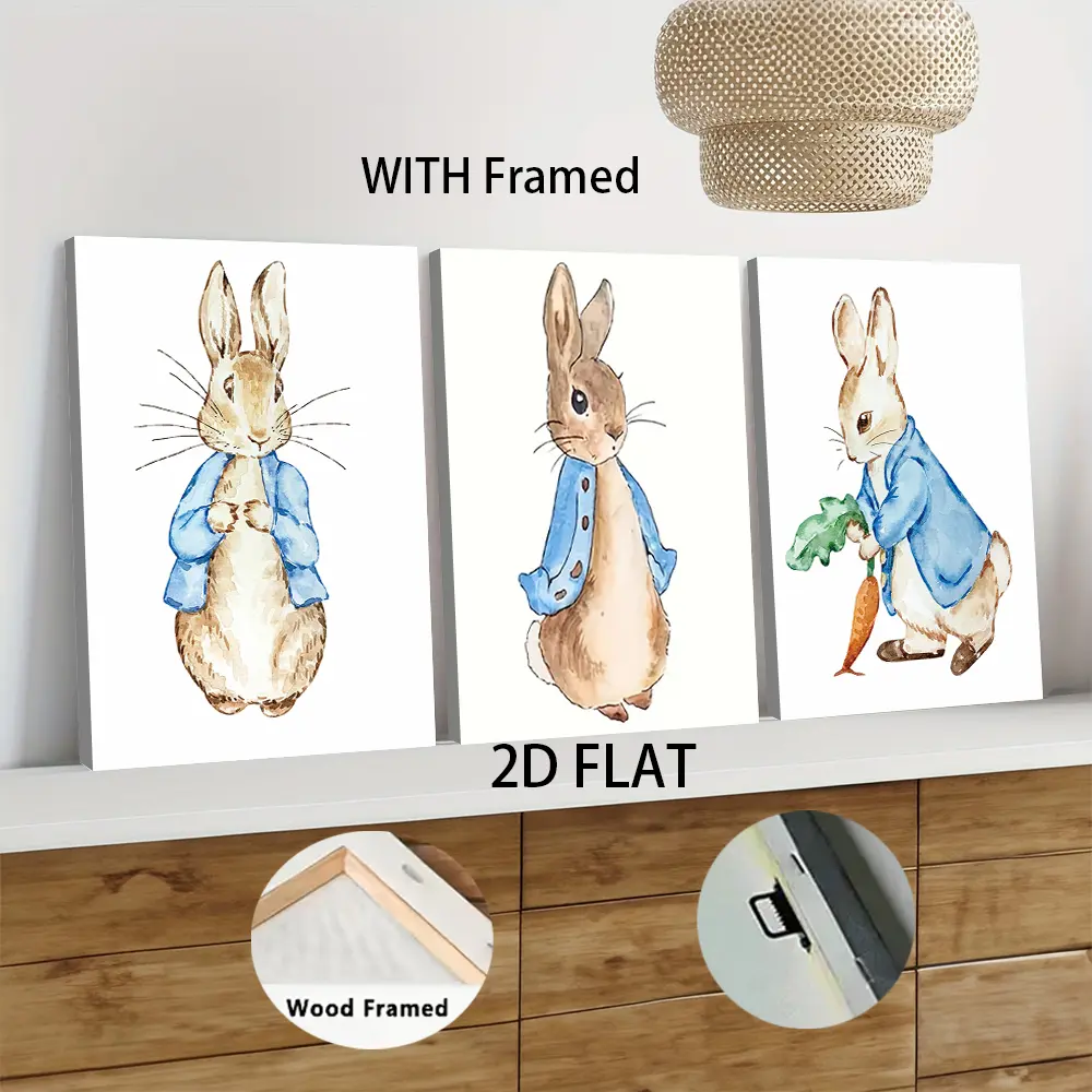 3pcs Framed  Peter Rabbit Canvas Wall Art for Kids Room Cute Animal Cartoon Painting with Solid Wood Frame Nursery Bedroom Living Room Decorative Hanging Picture Adorable Rabbit Home Decoration Aesthetic Wall Decor Artwor Print Decoration Items